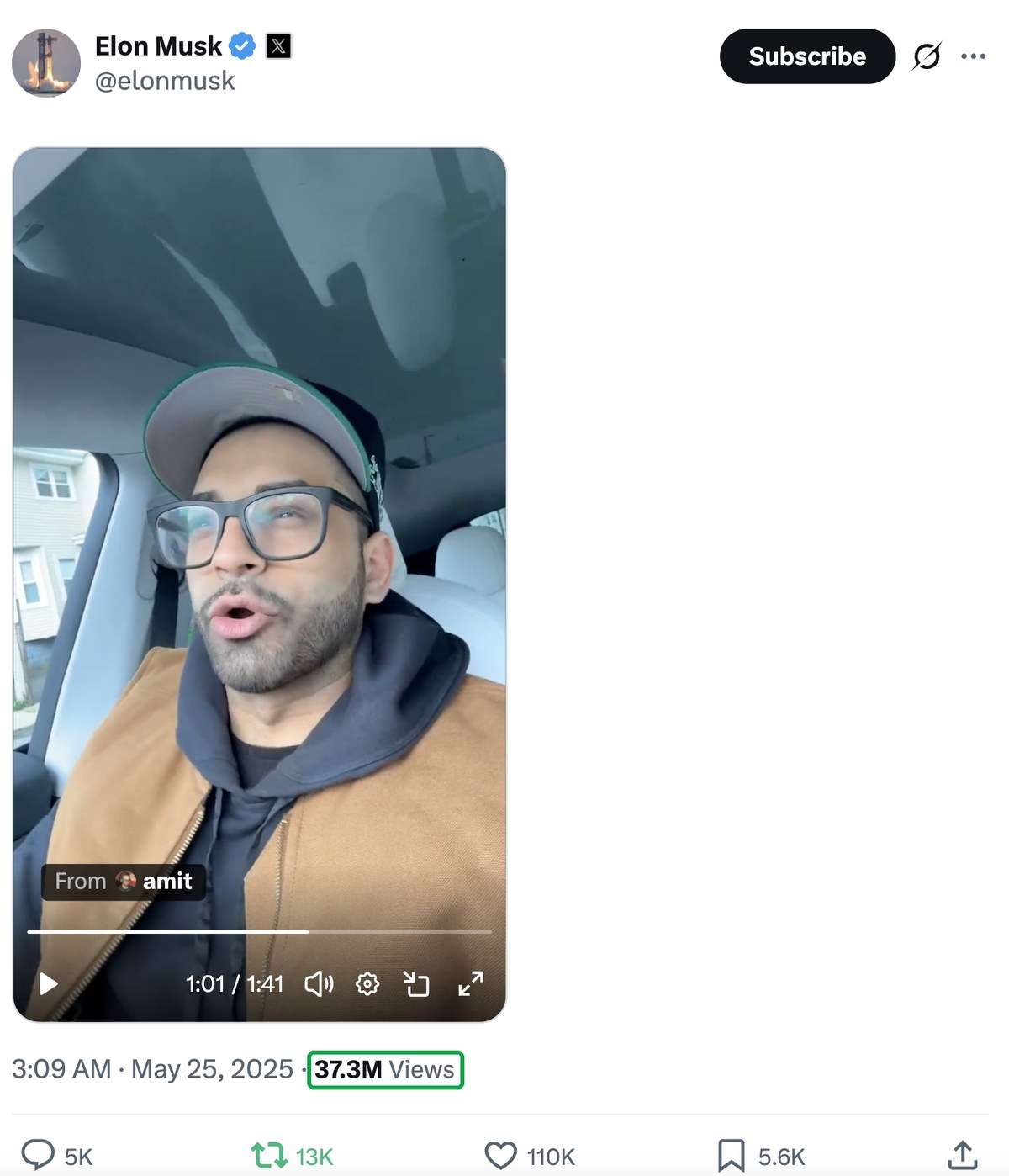 Elon Musk sharing Amit's video, 37.3M views