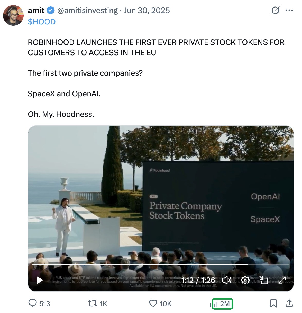 Robinhood private stock tokens coverage, 2M views