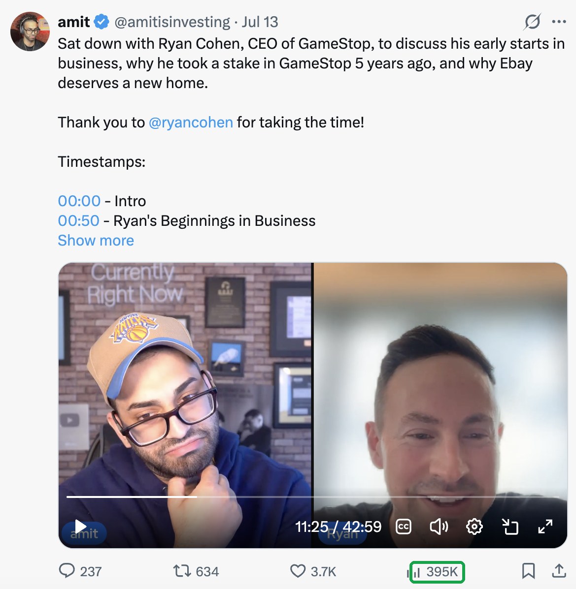 Amit's interview with GameStop CEO Ryan Cohen, 395K views